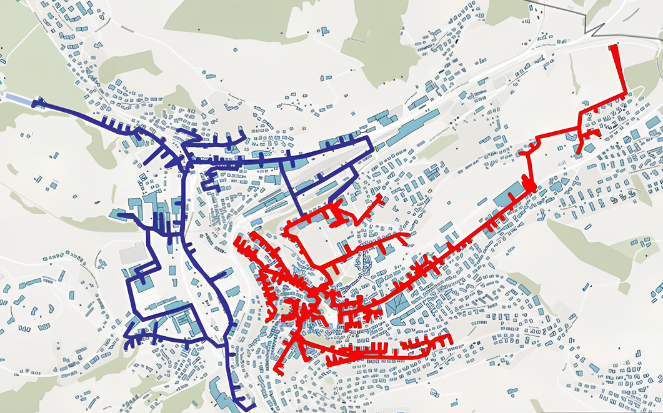 Anergienetz (blau) und Hochtemperaturnetz (rot)